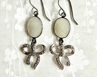 Mystic Moonstone Dangle Drop Gemstone Earrings With Sterling Marcasite Bows