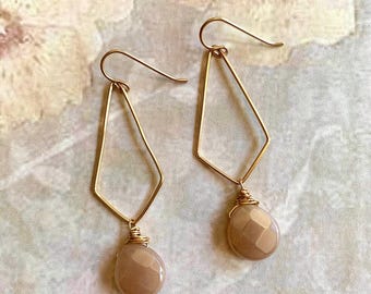 14k Gold Filled Peach Moonstone Teardrop Dangle Drop Earrings