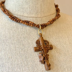 Vintage Victorian French Wooden Cross Necklace With Carved Flowers image 7