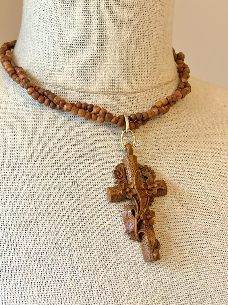 Vintage Victorian French Wooden Cross Necklace With Carved Flowers image 7