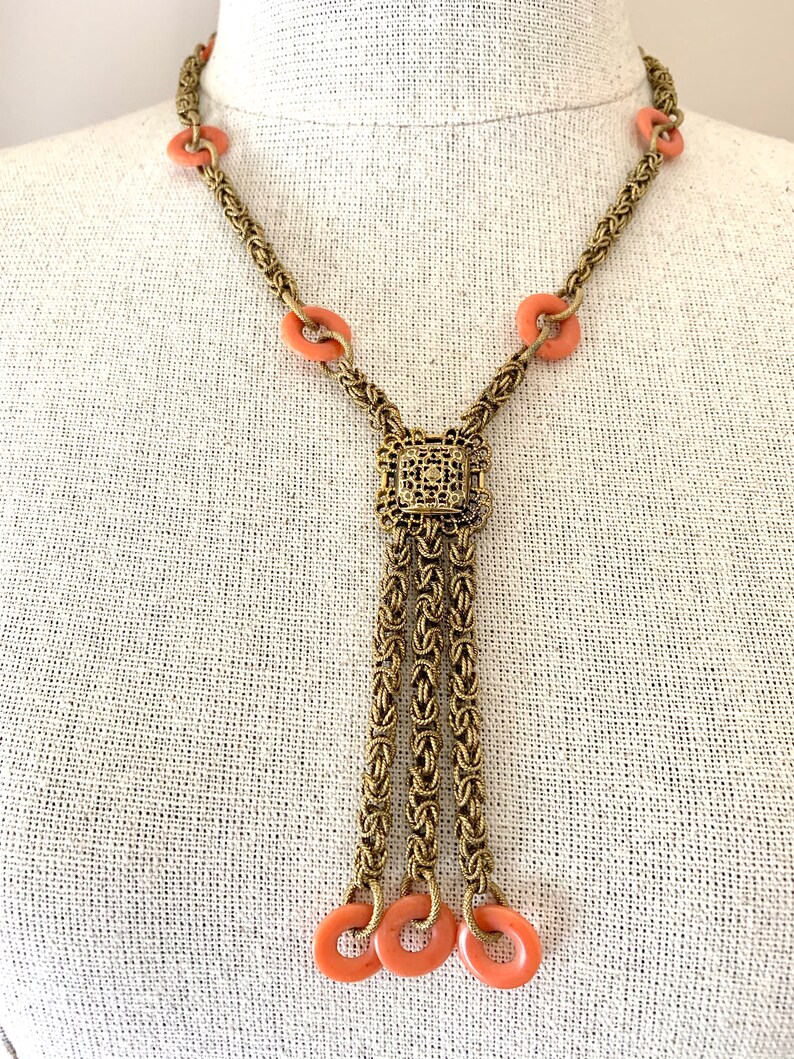 Vintage Art Deco Gold Gilt Byzantine Filigree Chain Necklace With Genuine Coral Rings