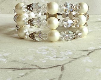 Vintage 1950's  3-Strand Faux Pearl & Crystal Bracelet