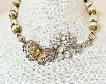 Vintage Gilt Sterling Filigree Butterfly Necklace With Faux Pearls, Crystals & Rhinestone Brooch