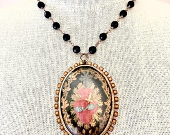 Vintage Ex Voto Flaming Sacred Heart Reliquary Necklace With Black Jet Beads