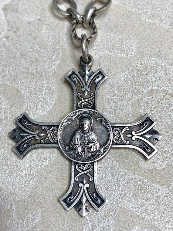 Vintage French Silver Sacred Heart Of Jesus Cross… - image 7
