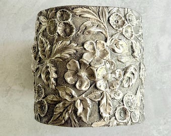 Antique Sterling Silver Victorian Floral Repousse’ Slip-On Cuff Bracelet