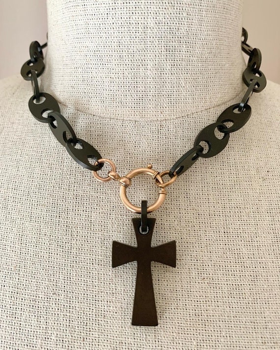 Antique Victorian Vulcanite Mourning Chain Cross … - image 1
