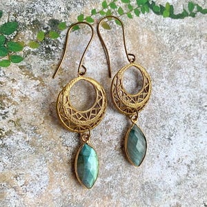 Vintage Gold filigrane Hoop Labradorit Baumeln Tropfen Ohrringe