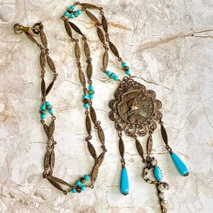Vintage French Art Nouveau Joan of Arc Filigree Pendant Necklace With Sword & Turquoise Beads