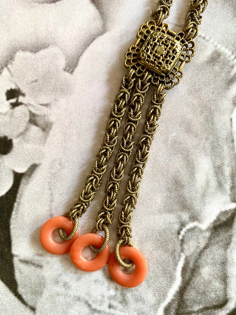 Vintage Art Deco Gold Gilt Byzantine Filigree Chain Necklace With Genuine Coral Rings