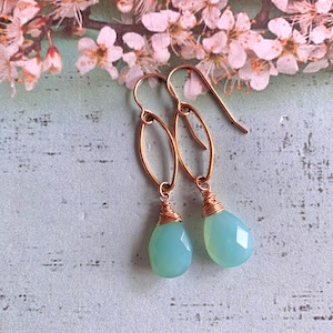 14k Gold Filled Aqua Chalcedony Pear Shape Dangle Drop Earrings
