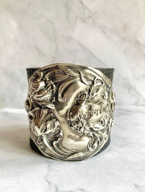 Antique Art Nouveau Sterling Silver Maiden Face C… - image 1