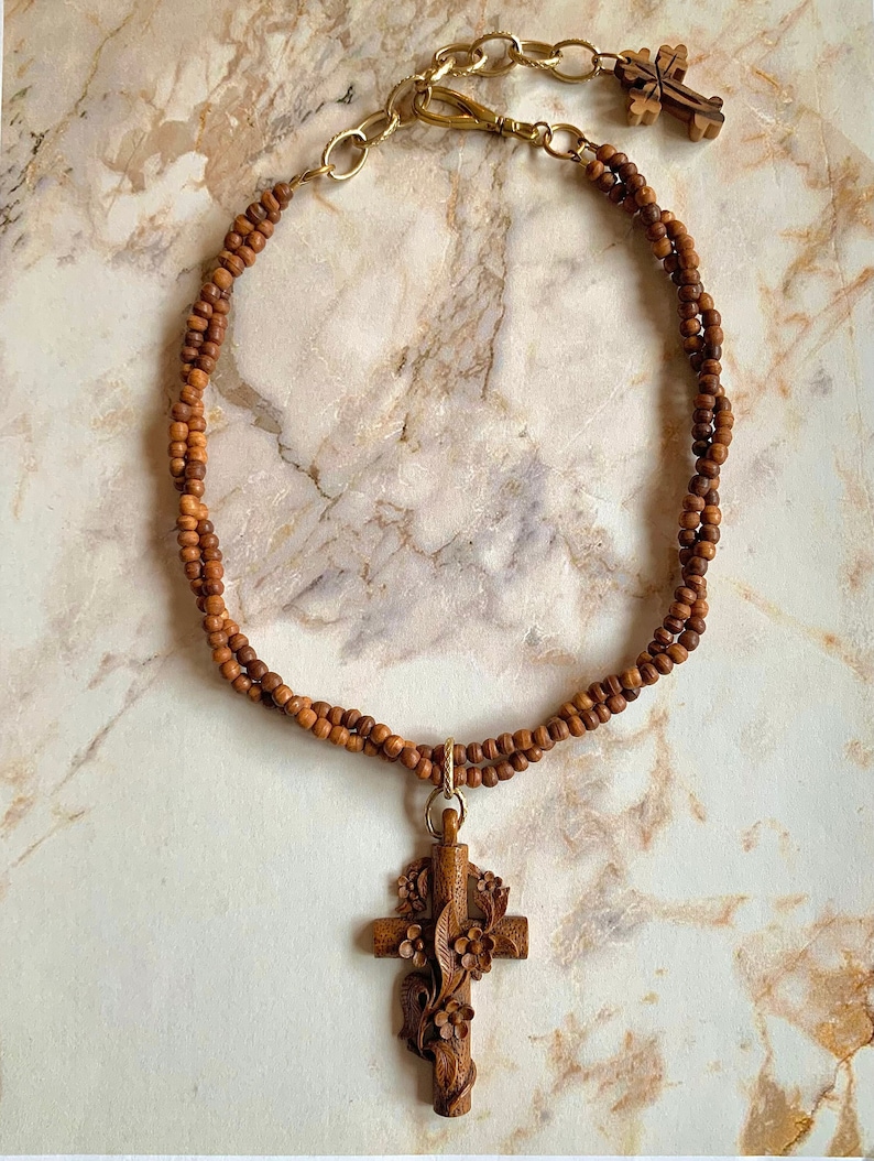 Vintage Victorian French Wooden Cross Necklace With Carved Flowers image 1