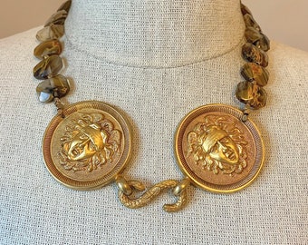 Vintage Art Nouveau Gold Medusa Necklace With Cherry Quartz Gemstones