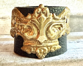 Vintage Victorian Antique Brass Scroll Cuff Bracelet On Black Leather Band