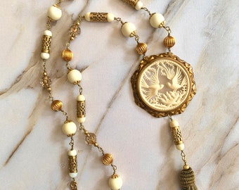 Vintage Carved Celluloid Birds Nest Beaded Necklace With Tassel