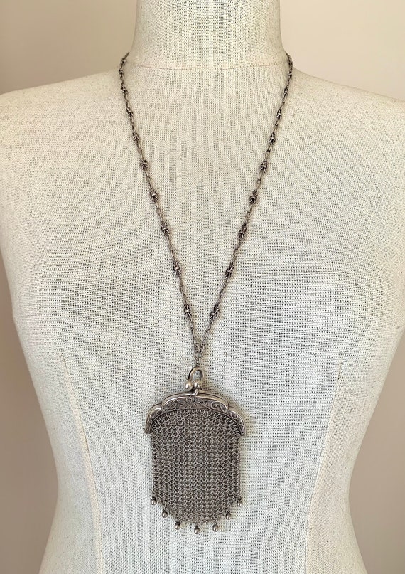 Vintage French Art Nouveau Sterling Silver Mesh P… - image 1