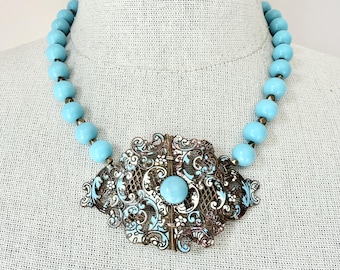 Antique Edwardian Enameled Buckle Necklace With Blue Miriam Haskell Glass Beads