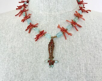 Coral & Aquamarine Beaded Necklace With Vintage Enameled Fish Pendant
