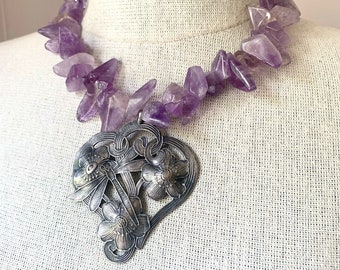 Vintage Art Nouveau Silver Dragonfly Pendant & Amethyst Nugget Bead Necklace