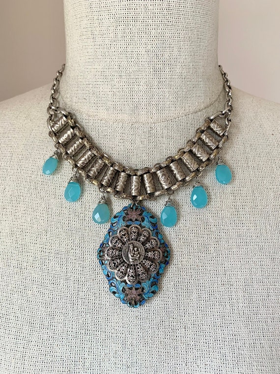 Vintage Silver Book Chain Necklace With Enameled … - image 1