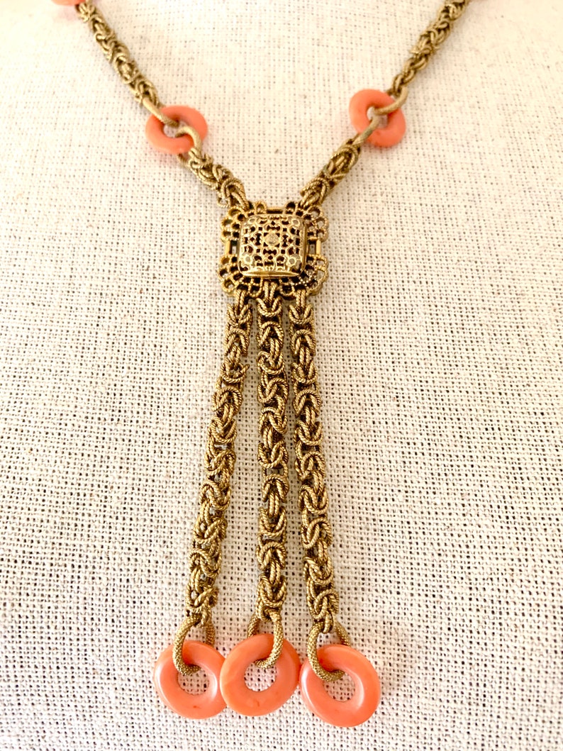 Vintage Art Deco Gold Gilt Byzantine Filigree Chain Necklace With Genuine Coral Rings