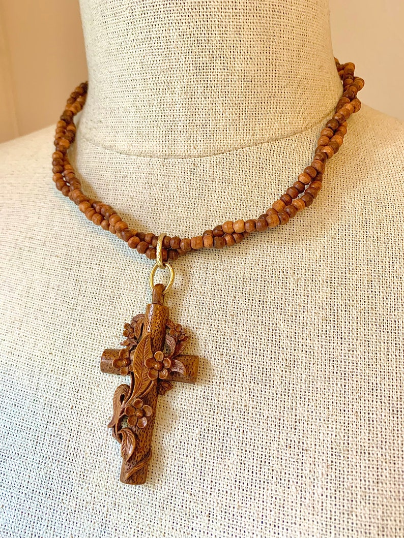 Vintage Victorian French Wooden Cross Necklace With Carved Flowers image 4