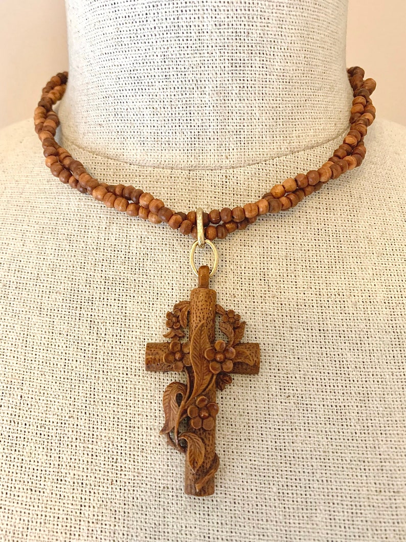 Vintage Victorian French Wooden Cross Necklace With Carved Flowers image 2