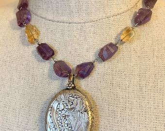 Vintage French Art Nouveau Silver Maiden With Iris Pendant Necklace- Amethyst & Citrine Beads