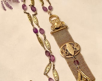 Antique Victorian 14K Gold Filled Mesh Watch Fob Necklace With Amethyst Links