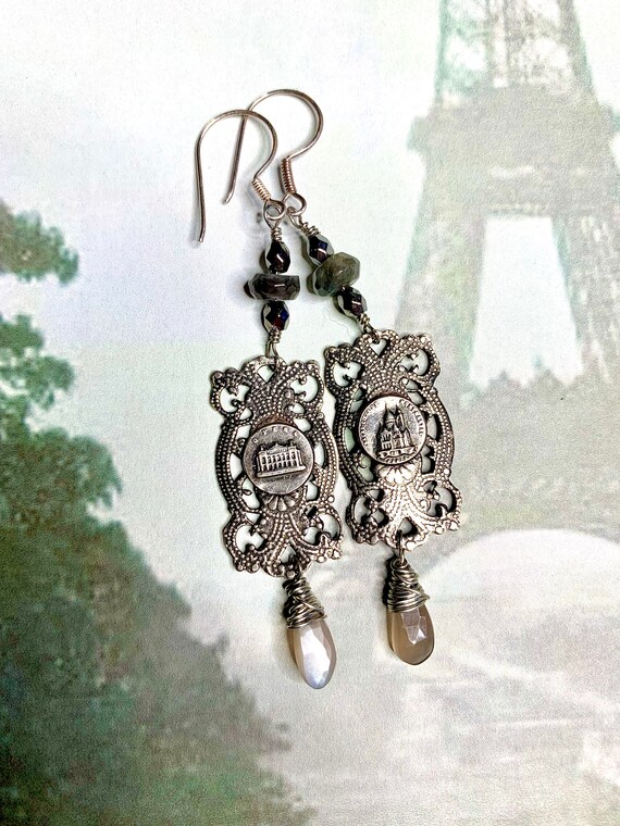 Vintage French Paris Landmark Dangle Drop Earrings