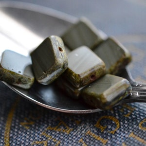 Olive Green Czech Glass Beads / Rustic 12mm Picasso Square Bead / Jewelry Findings