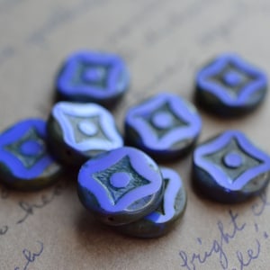 Blue Czech Glass Beads / Rustic 14mm Picasso Art Deco Coin Bead / Jewelry Findings