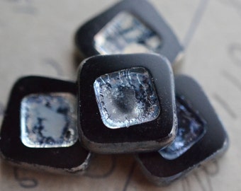 Black Grey Czech Glass Beads / Picasso 16mm Square Bead / Jewelry Findings