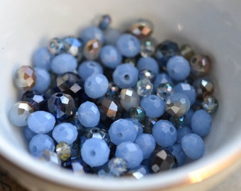 Blue Czech Glass Bead Mix / 6mm Faceted Glass Rondelle Bead / Czech Jewelry Findings