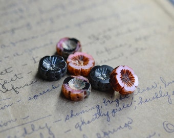 Czech Glass Beads | Picasso Beads | Boho Beads | Pink Black | Flower | 14mm | 6 pcs