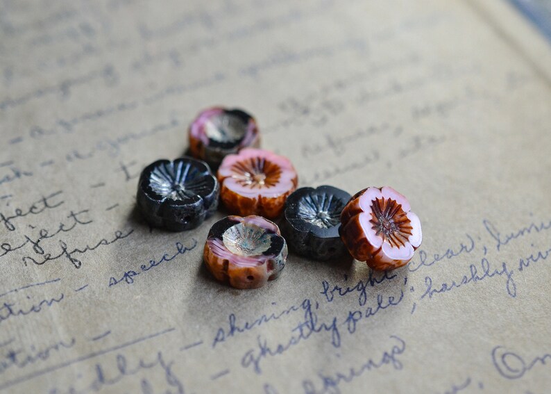 Czech Glass Beads Picasso Beads Boho Beads Pink Black Flower 14mm 6 pcs image 1