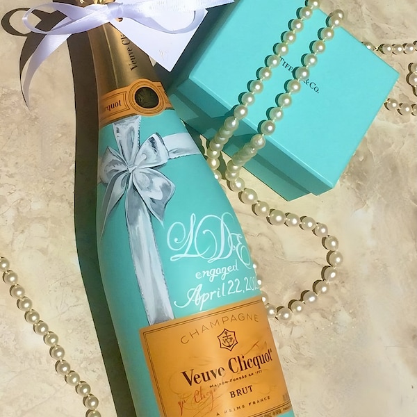 Custom Hand Painted Designer Inspired Champagne Bottle, Especially For Weddings, Engagements, Showers, Original Art by Ivey Kampouris