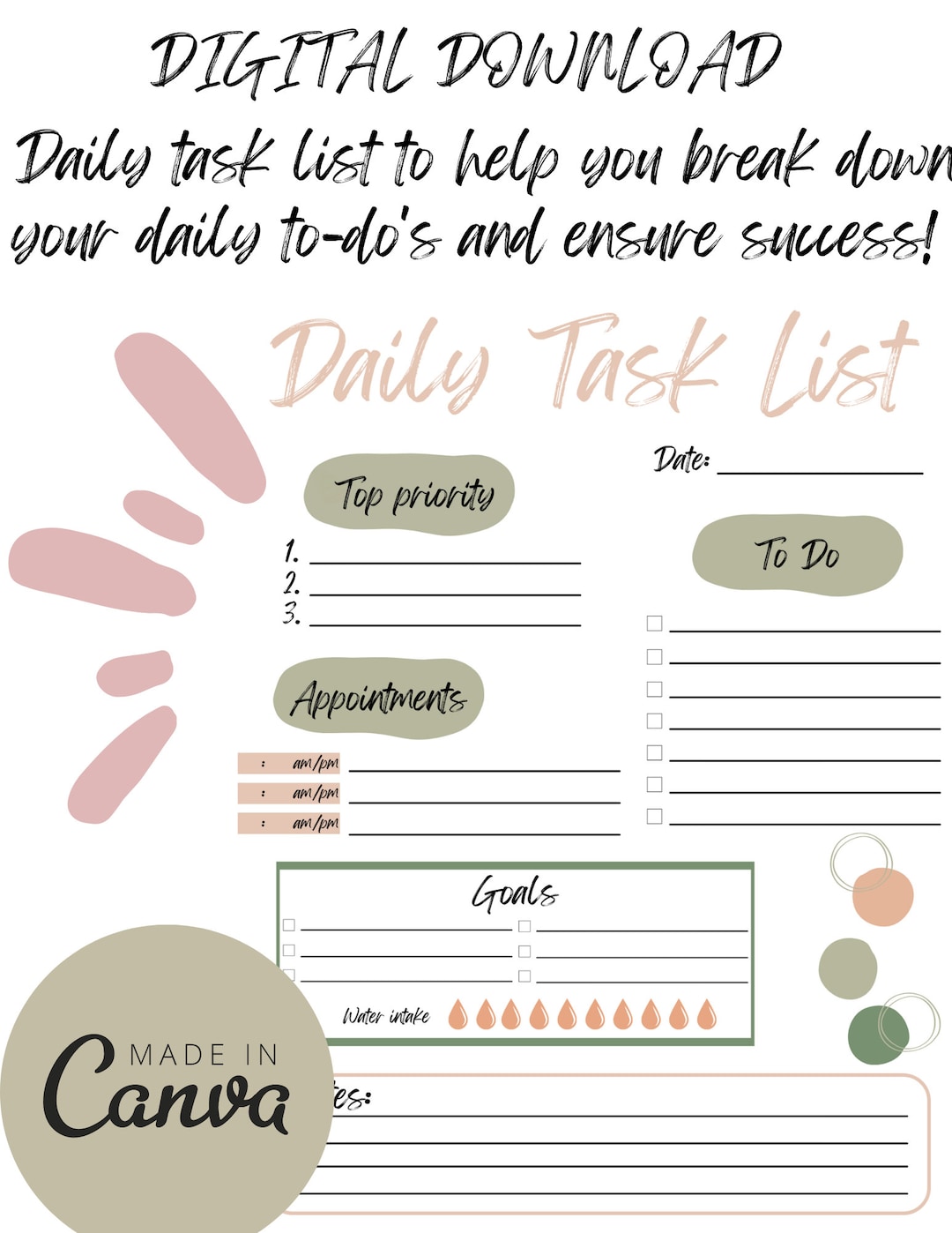 Daily Task Pink Daily Task List for Success - Pink and Green Aesthetic - Etsy