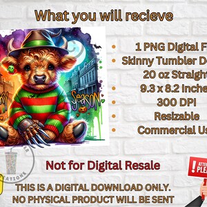 May include: Digital design for a 20 oz skinny tumbler. The design features a brown cow wearing a hat and a striped sweater, with the words "Spooky Season". The image includes a cityscape and a full moon.
