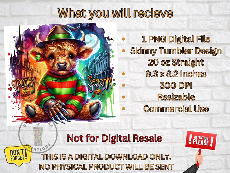 May include: Digital design for a 20 oz skinny tumbler. The design features a brown cow wearing a hat and a striped sweater, with the words "Spooky Season". The image includes a cityscape and a full moon.