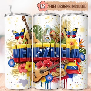 May include: A white tumbler featuring a vibrant design with the word "VENEZUELA" in bold, colorful letters. The design includes butterflies, guitars, flowers, and Venezuelan cultural elements. The text "12 FREE DESIGNS INCLUDED" is also visible.