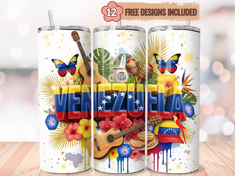 May include: A white tumbler featuring a vibrant design with the word "VENEZUELA" in bold, colorful letters. The design includes butterflies, guitars, flowers, and Venezuelan cultural elements. The text "12 FREE DESIGNS INCLUDED" is also visible.