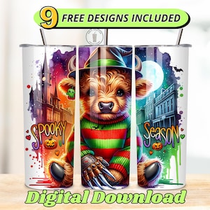 May include: Three white stainless steel tumblers with Halloween-themed designs. One features a bull wearing a striped sweater and a Freddy Krueger-style glove. The other two have the words "Spooky" and "Season" with Halloween graphics.
