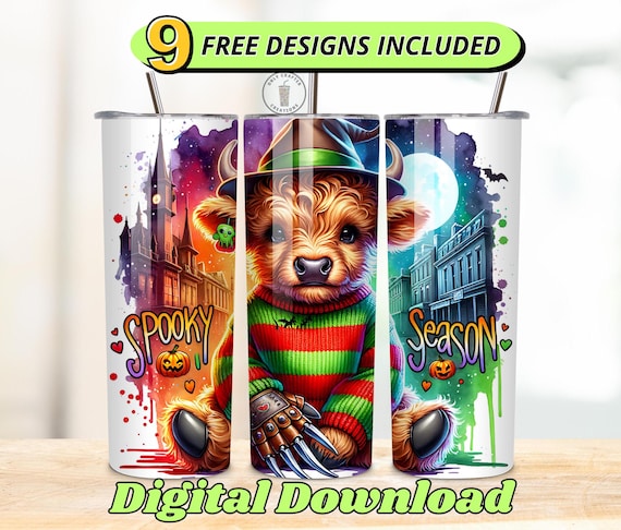 Highland Cow Theme Tumbler Wrap, Spooky Highland Cow, Fall Highland Cow, Halloween Cow PNG, highland cow theme, Spooky Highland cow