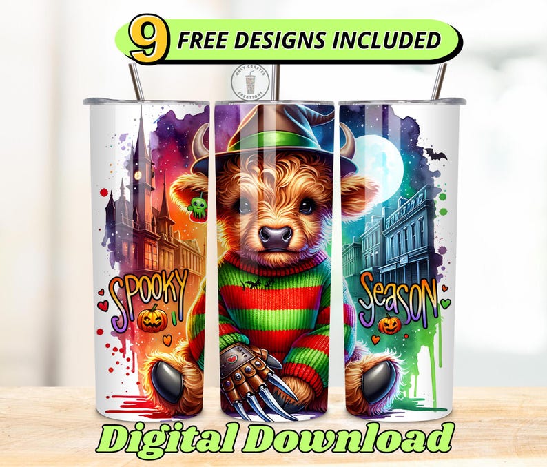 May include: Three white stainless steel tumblers with Halloween-themed designs. One features a bull wearing a striped sweater and a Freddy Krueger-style glove. The other two have the words "Spooky" and "Season" with Halloween graphics.
