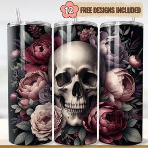 Gothic Skull & Rose Tumbler Wrap: Dark Floral PNG (Digital Download)