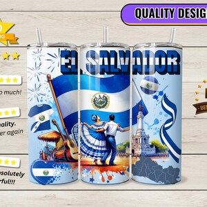 May include: A set of three stainless steel tumblers with a design featuring the flag of El Salvador, a traditional dance scene, and a cityscape. The tumblers are white with a blue and white design.