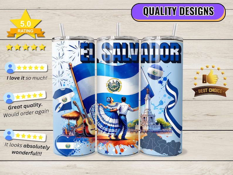 May include: A set of three stainless steel tumblers with a design featuring the flag of El Salvador, a traditional dance scene, and a cityscape. The tumblers are white with a blue and white design.