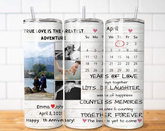 Personalized Photo Collage Anniversary Tumbler, 20oz Custom Memory Gift, Calendar Date Design, Couple Keepsake Cup, Love Story Mug
